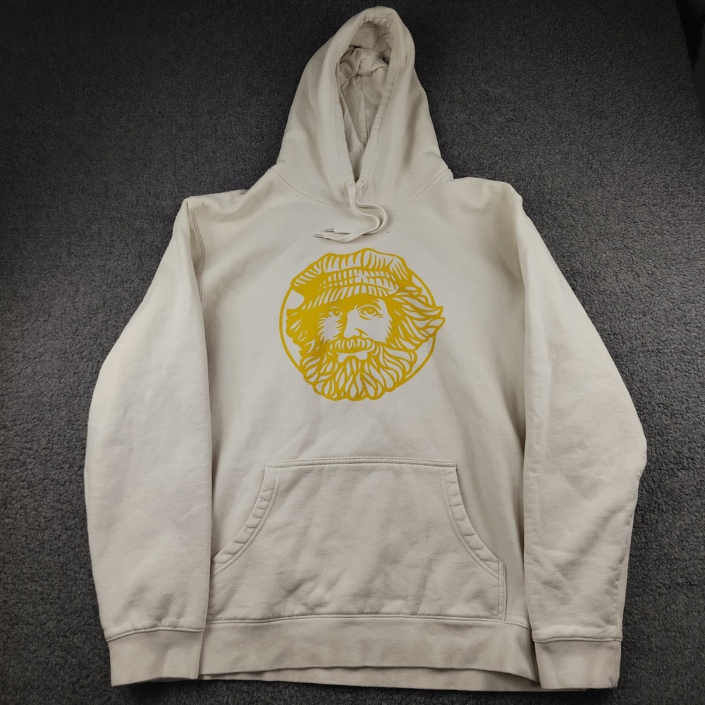 Burts Bees Graphic Hoodie Mens XL Cream‎ Yellow Logo Sweatshirt Cozy Warm Street